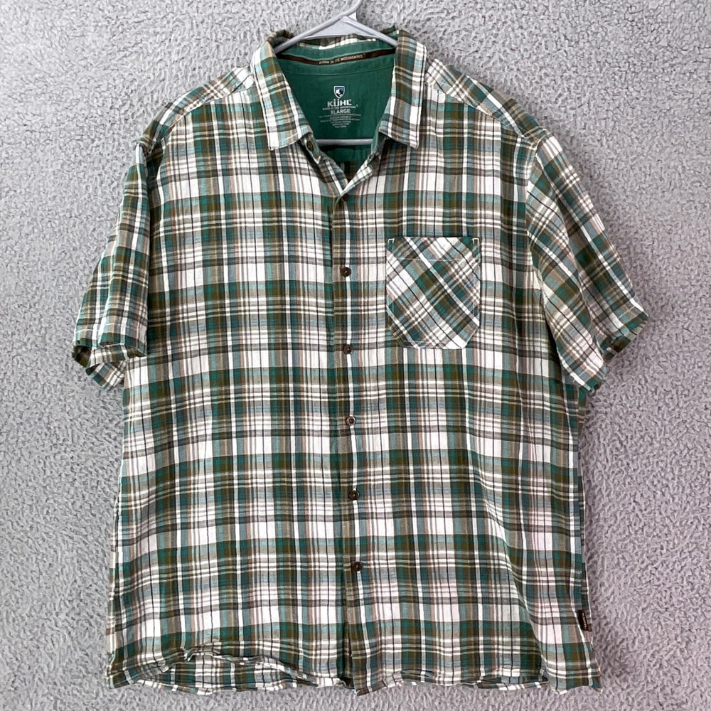 Kuhl Plaid Button Down Shirt Mens XL Green Short Sleeve Organic Cotton Excellent